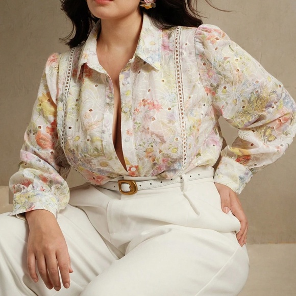 Plus Floral Print Eyelet Button Down Shirt - Picture 1 of 6